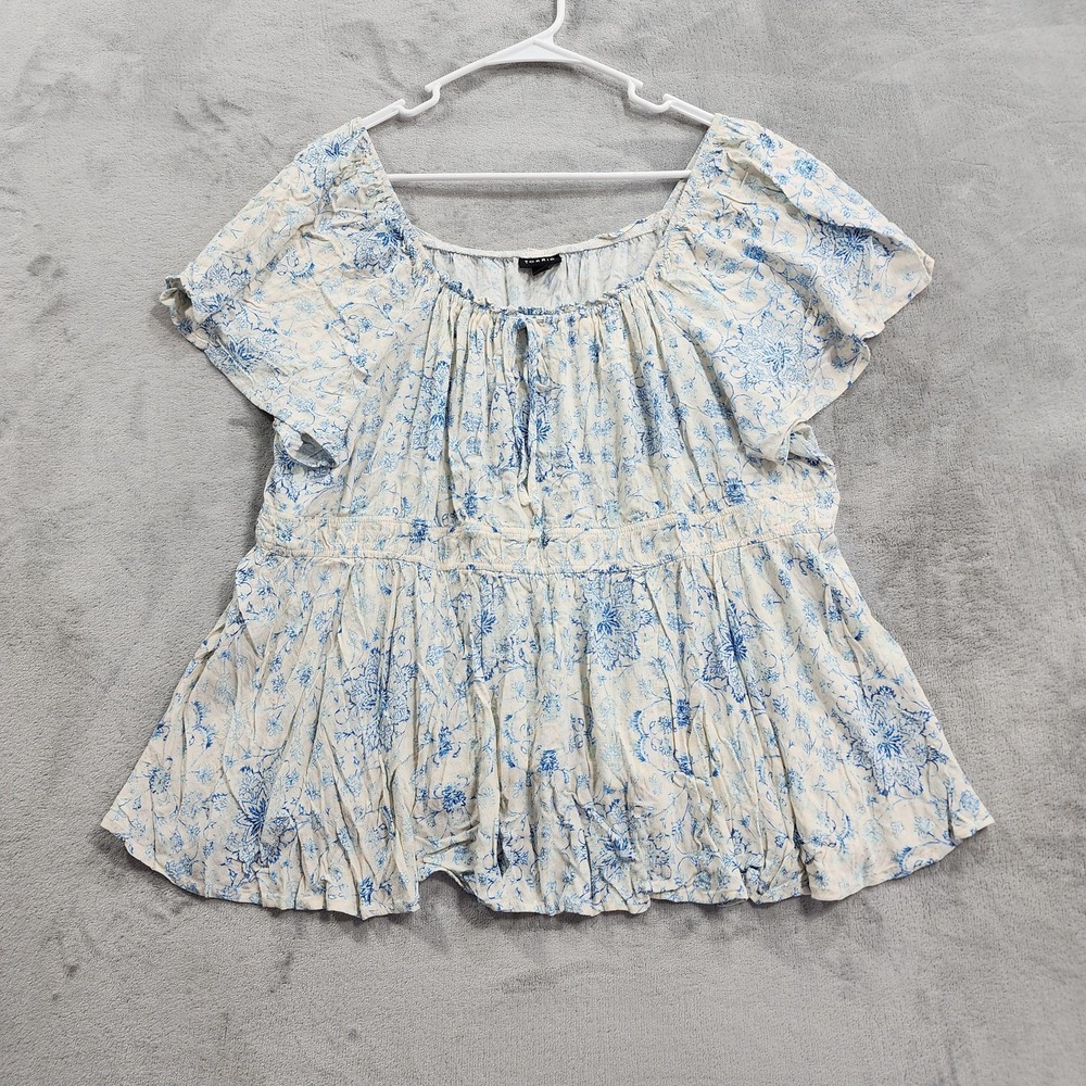 Torrid Top Womens 3 White Blue Floral Ruffle Tie Front Flutter Sleeve Tunic